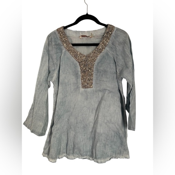 Soft Surroundings Embellished Blue Gray Women's Top Size L - Picture 1 of 7